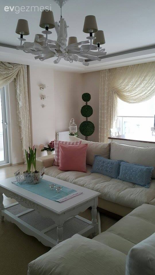 Köşe koltuk, Krem, Mavi, Perde, Salon, Sehpa