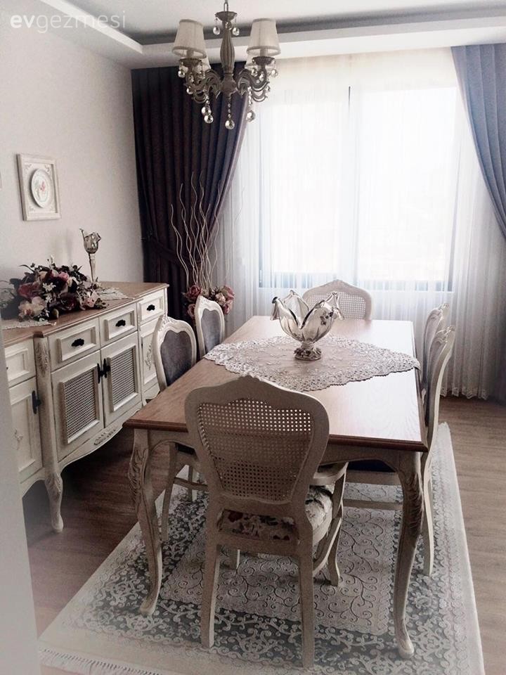 Ahşap Mobilya, Country, Fon perde, Halı, Konsol, Perde, Salon, Yemek Odası