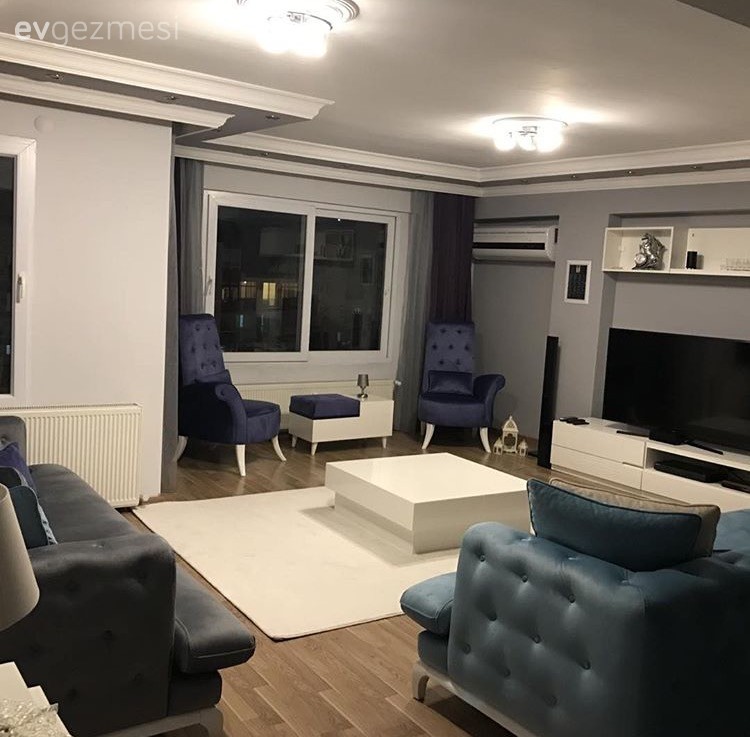 Berjer, Gri, Halı, Mavi, Orta sehpa, Salon, Tv ünitesi