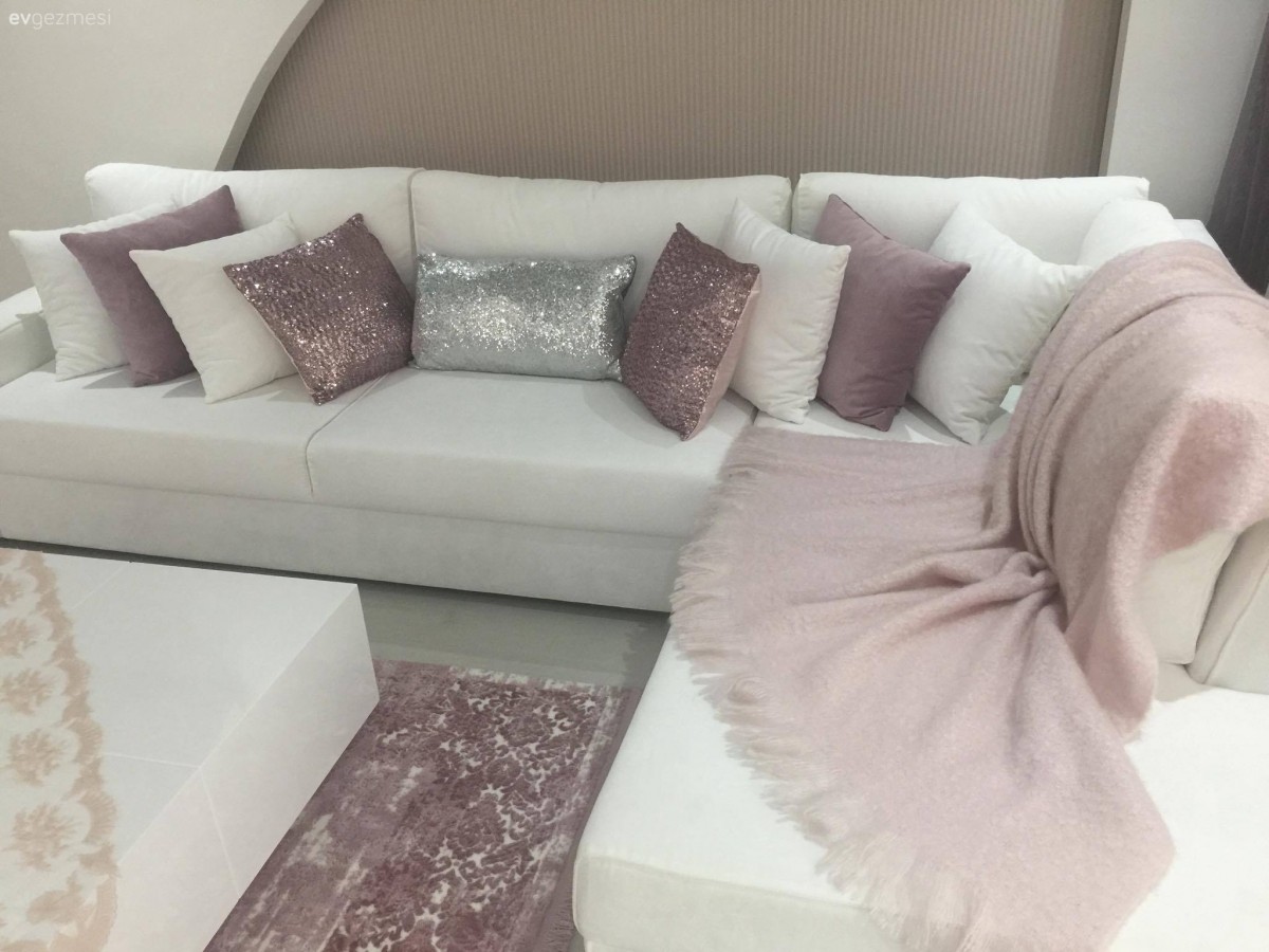 Beyaz, Halı, Köşe koltuk, Oturma Odası, Pembe, Kırlent