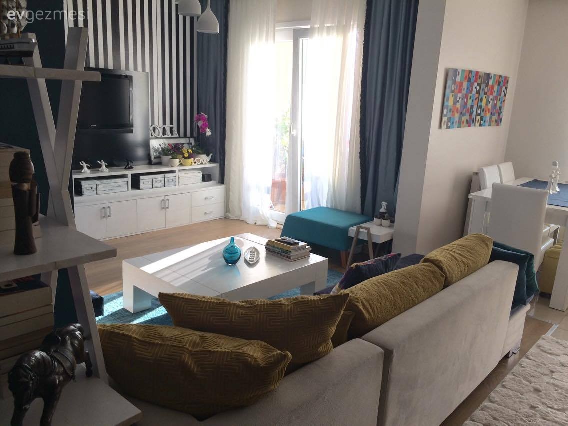 Duvar dekorasyonu, Fon perde, Krem, Salon, Sarı, Siyah- Beyaz, Tv ünitesi, Perde