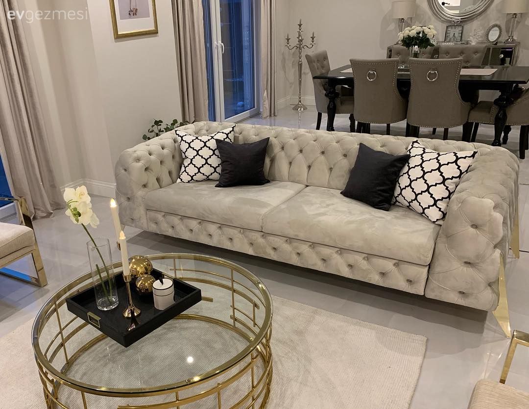 Salon, Yuvarlak sehpa, Modern chesterfield, Modern, Gri, Altın, Metal ayaklı sehpa, Beyaz halı, Halı, Yemek Odası, Kırlent, Orkide