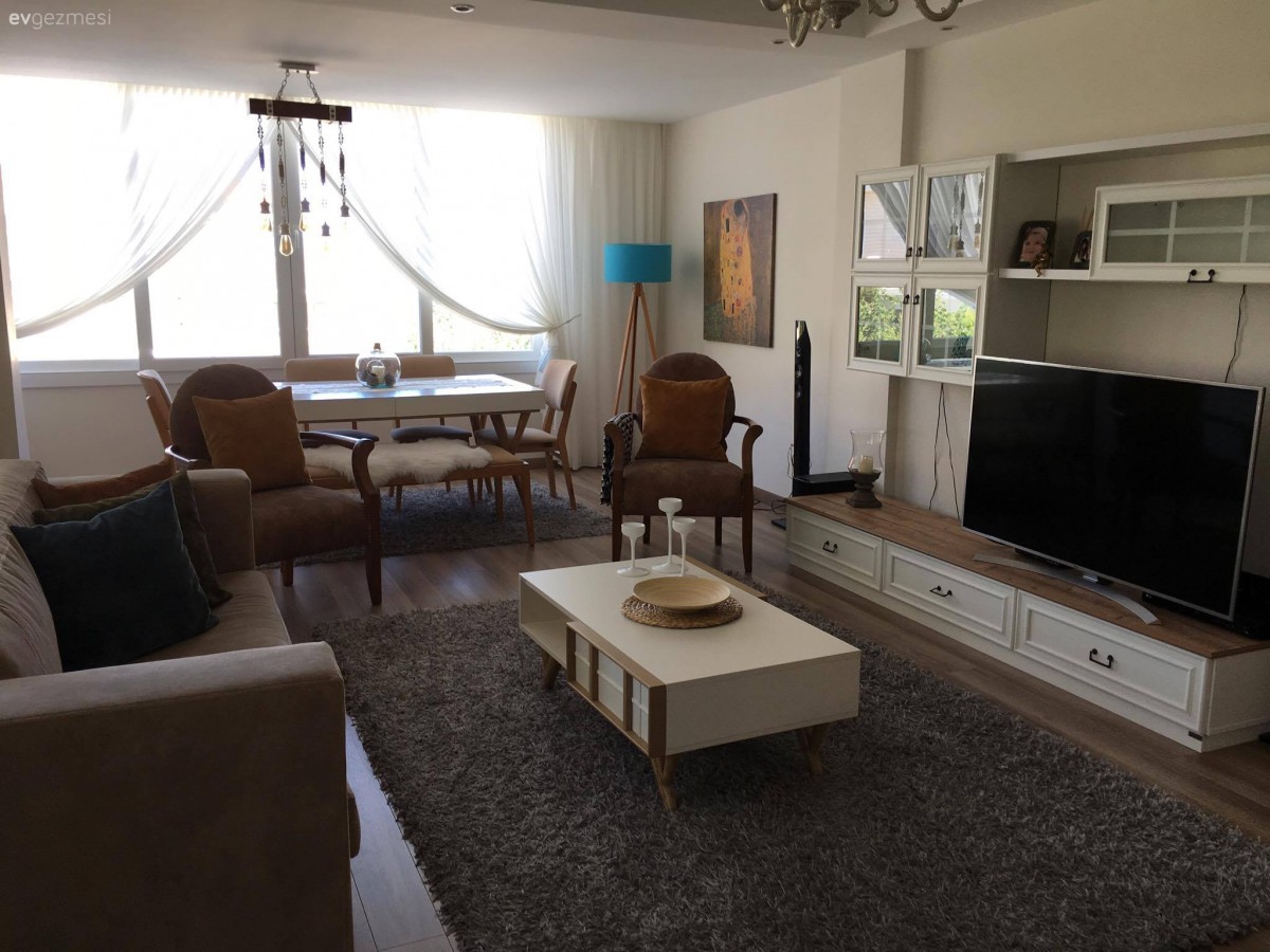 Ahşap Mobilya, Berjer, Gri, Halı, Orta sehpa, Perde, Salon, Tv ünitesi, Yemek Odası