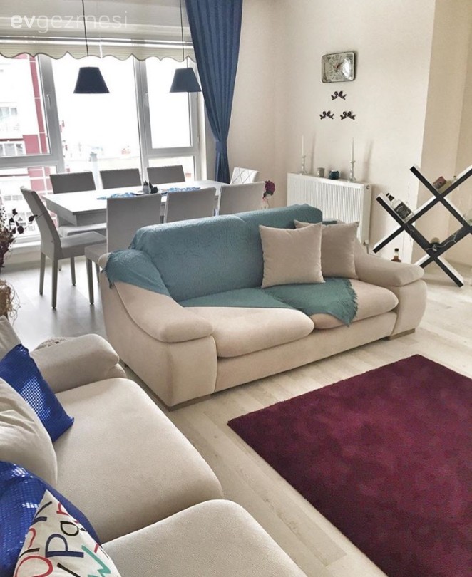 Bordo, Halı, Krem, Mavi, Salon, Yemek Odası