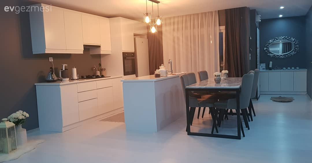 Amerikan Mutfak, Mutfak, Yemek Odası, Beyaz parke, Beyaz mutfak