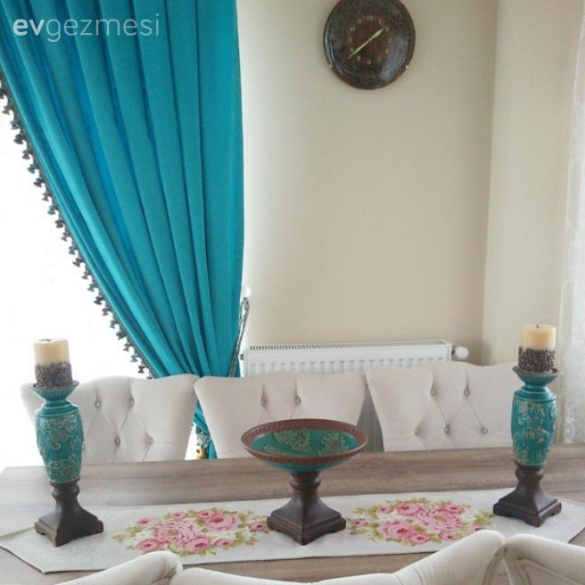 Dekoratif Objeler, Fon perde, Mavi, Yemek Odası, Perde