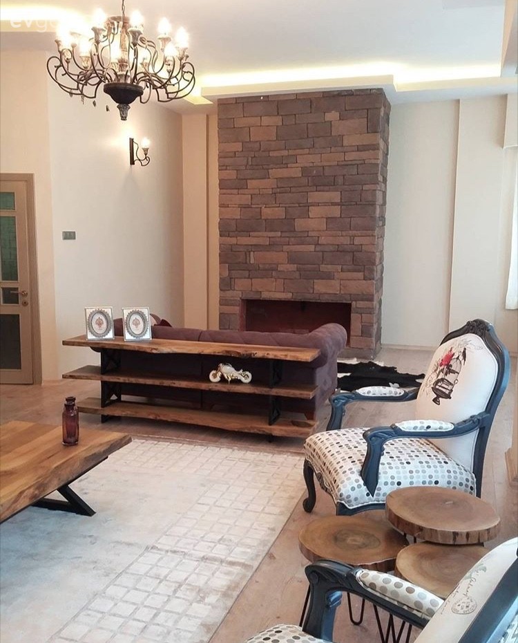 Ahşap Mobilya, Berjer, Orta sehpa, Şömine, Taş duvar