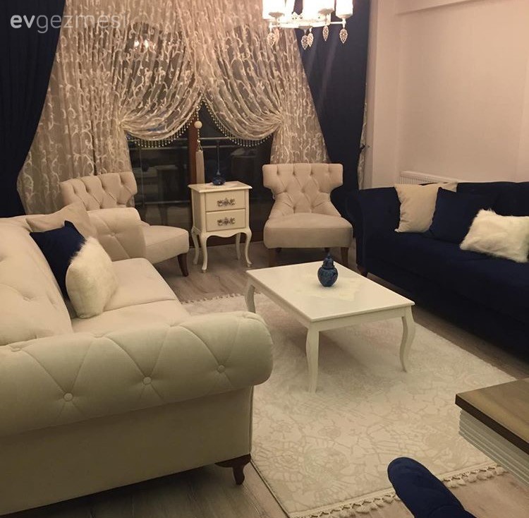 Berjer, Halı, Lacivert, Orta sehpa, Perde, Salon