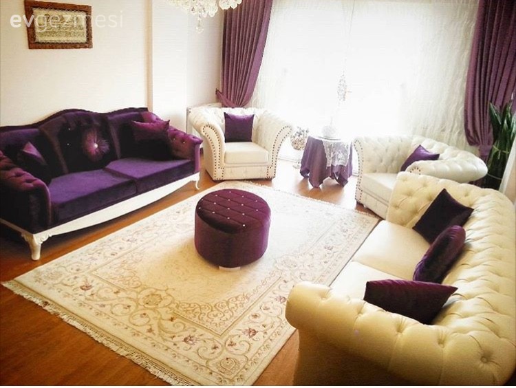 Beyaz, Halı, Mor, Perde, Puf, Salon