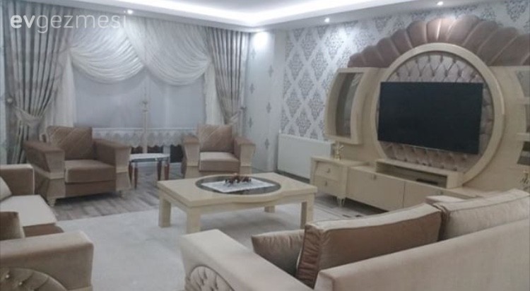 Duvar kağıdı, Krem, Perde, Salon, Tv ünitesi