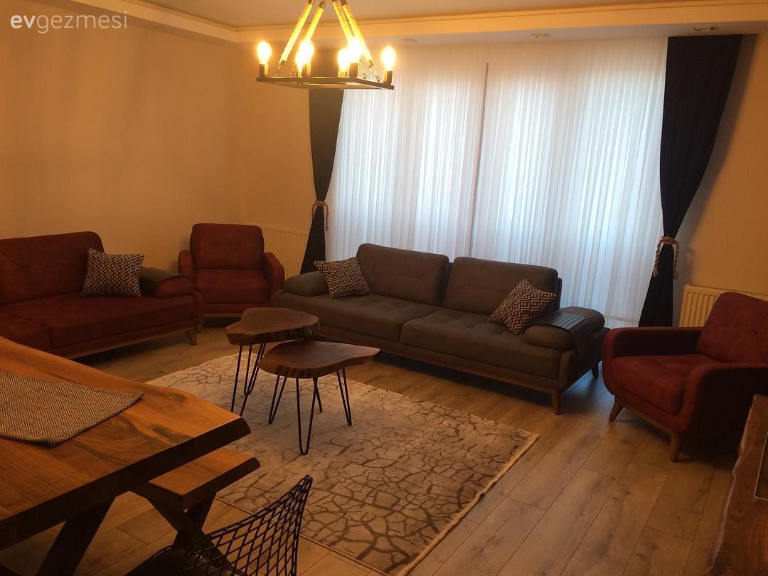 Salon, Gri, Orta sehpa, Halı, Avize, Yemek Odası, Bordo