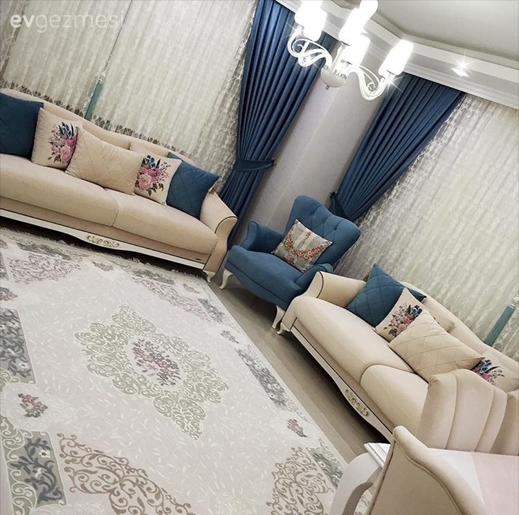 Fon perde, Halı, Krem, Mavi, Perde, Salon