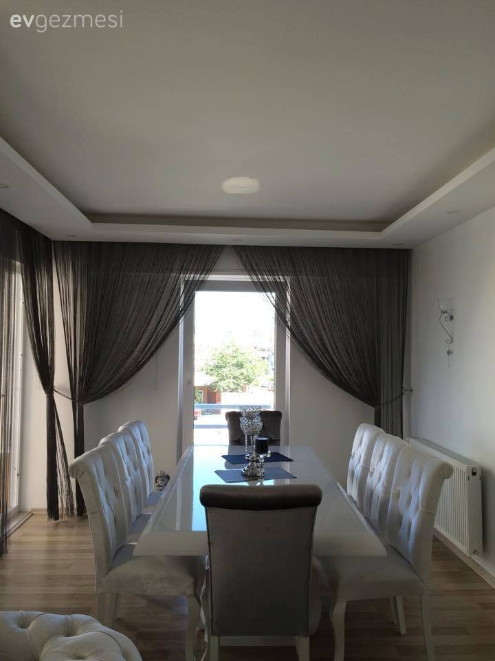 Beyaz, Gri, Gümüş, Perde, Yemek Odası