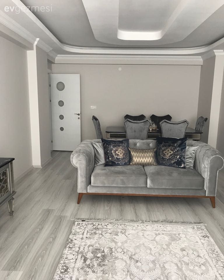 Salon, Gri, Halı, Asma tavan, Glam dekor