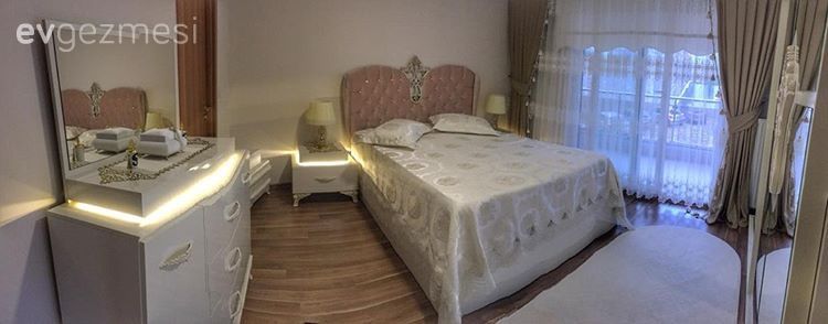 Yatak Odası, Yatak örtüsü, Led aydınlatma, Fon perde, Perde