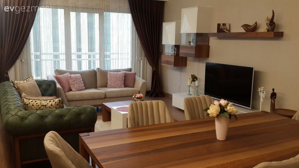 Ahşap Mobilya, Fon perde, Krem, Salon, Tv ünitesi, Yemek Odası, Perde