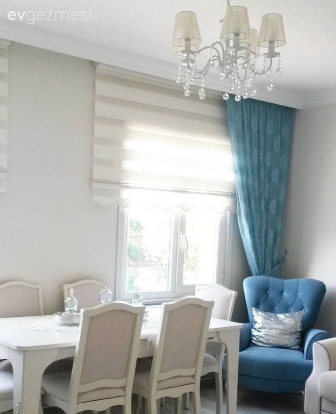 Fon perde, Mavi, Salon, Yemek Odası, Perde