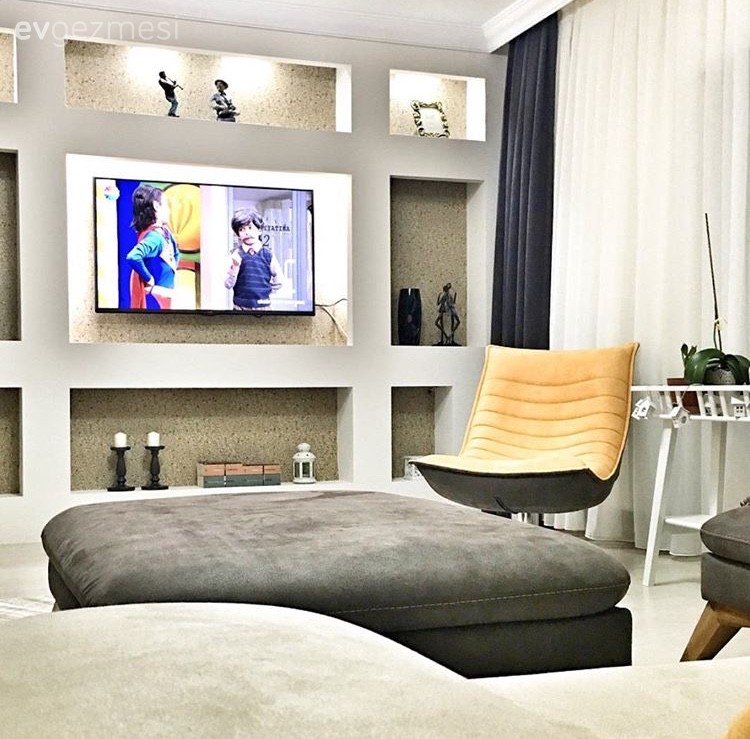Kahverengi, Duvar Nişleri, Puf, Salon, Tv ünitesi