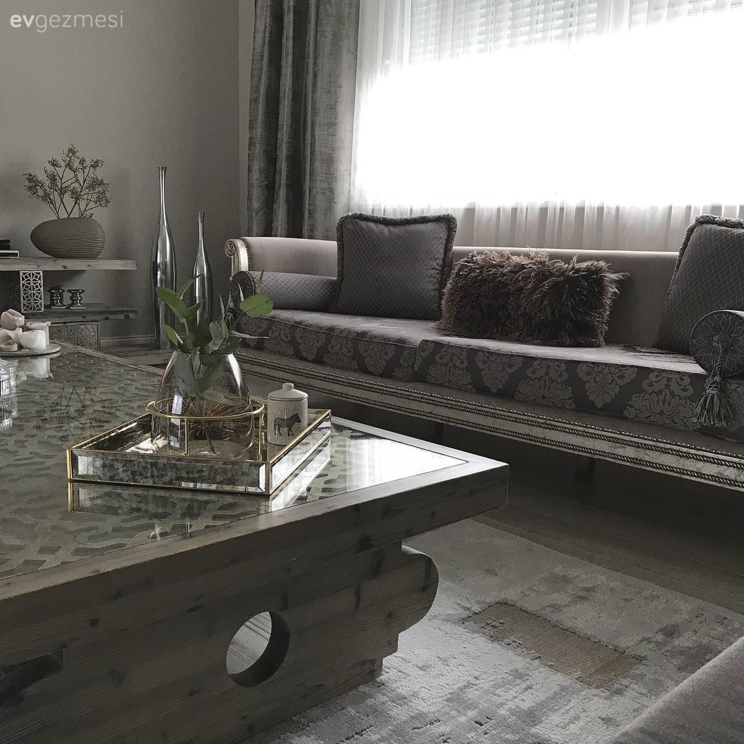 Salon, Gri, Sehpa üstü aksesuarı, Orta sehpa, Halı, Klasik, Gümüş tepsi, Aynalı tepsi