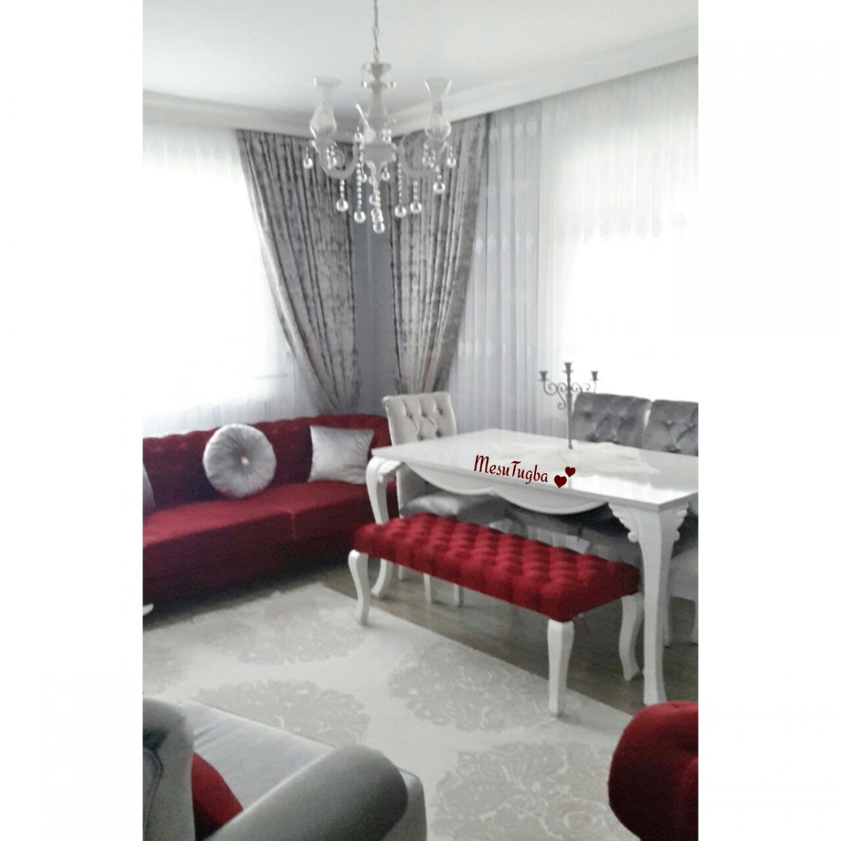 Avize, Bank, Gri, Kırmızı, Perde, Yemek Odası, Aydınlatma