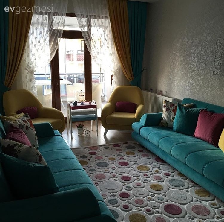 Berjer, Fon perde, Halı, Mavi, Oturma Odası, Sarı, Perde