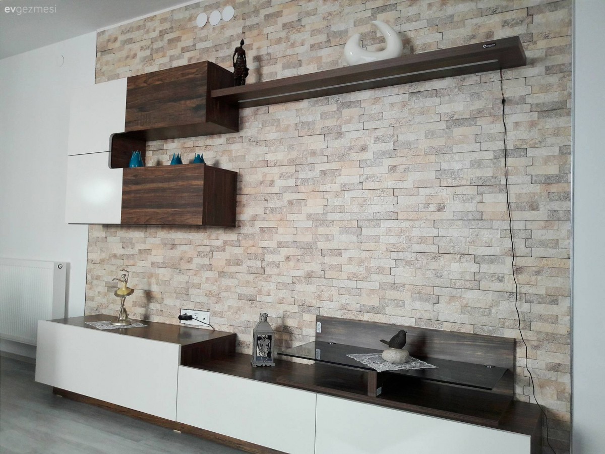 Ahşap Mobilya, Salon, Taş duvar, Tv ünitesi