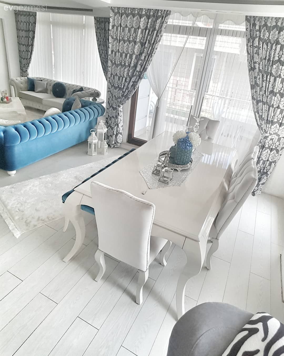 Amerikan Mutfak, Salon, Yemek Odası, Bank, Mavi, Perde, Fon perde