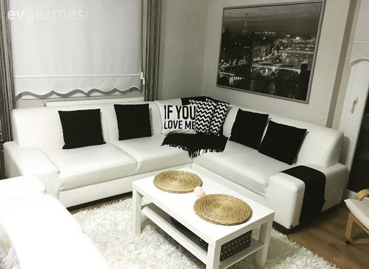 Beyaz, Köşe koltuk, Salon, Siyah- Beyaz, Tablo, Kırlent