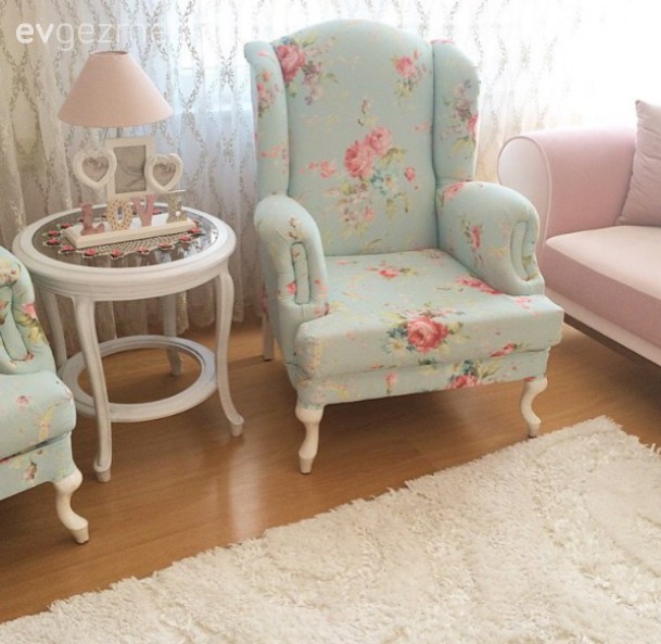 Berjer, Çiçekli desen, Mavi, Pembe, Salon, Sehpa