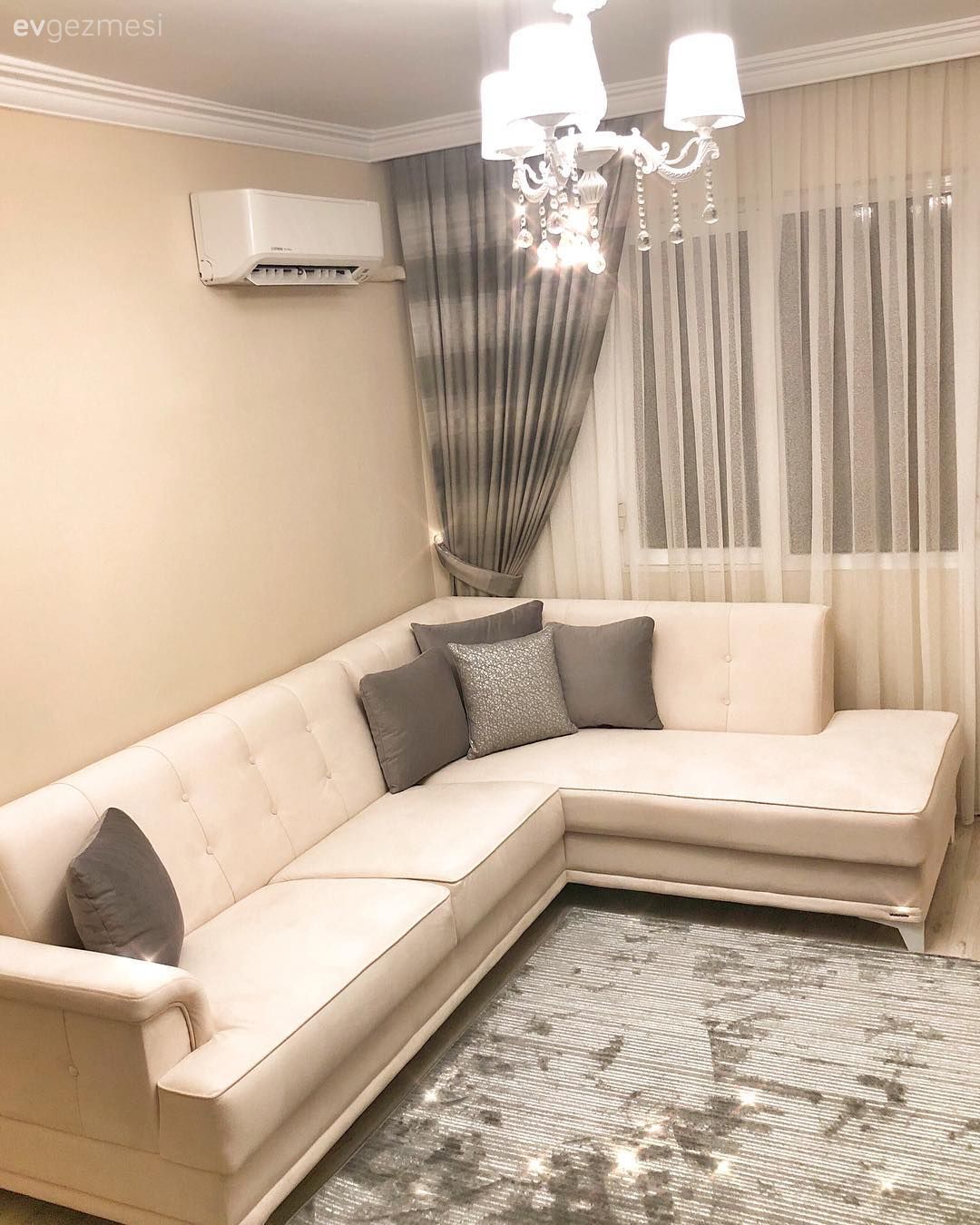 Oturma Odası, Köşe koltuk, Gri, Pembe, Fon perde, Avize, Halı