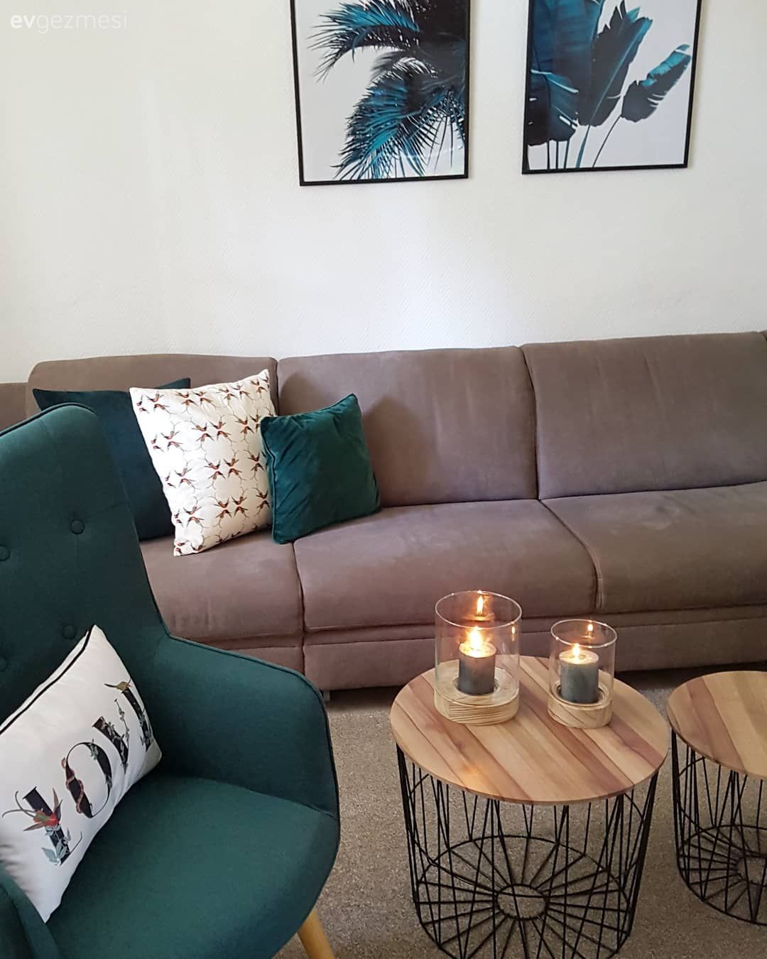 Oturma Odası, Kahverengi, Zümrüt yeşili, Poster, Mum, Orta sehpa