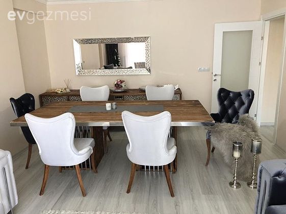 Salon, Yemek Odası, Ahşap Mobilya, Şamdan, Ayna, Gri