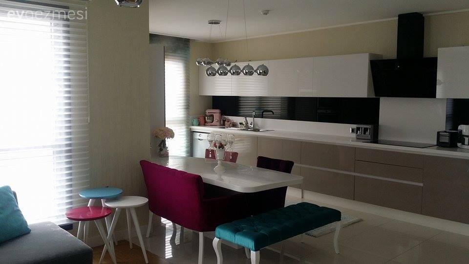 Amerikan Mutfak, Bank, Mavi, Modern mutfak, Mor, Mutfak, Mutfak masası