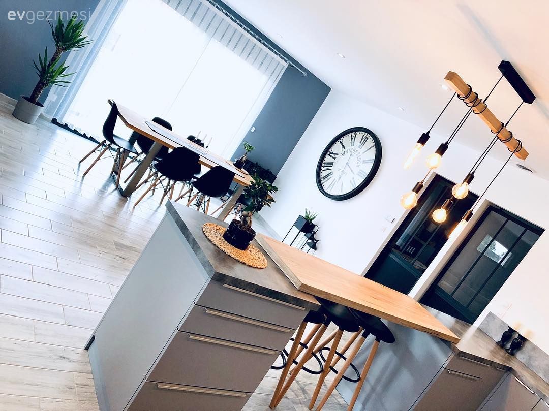 Salon, Amerikan Mutfak, Gri, Avize, Sarkıt