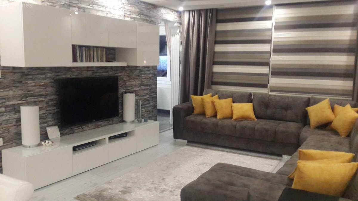 Kahverengi, Köşe koltuk, Salon, Sarı, Taş duvar, Tv ünitesi