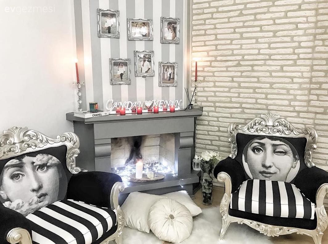 Salon, Berjer, Siyah- Beyaz, Şömine