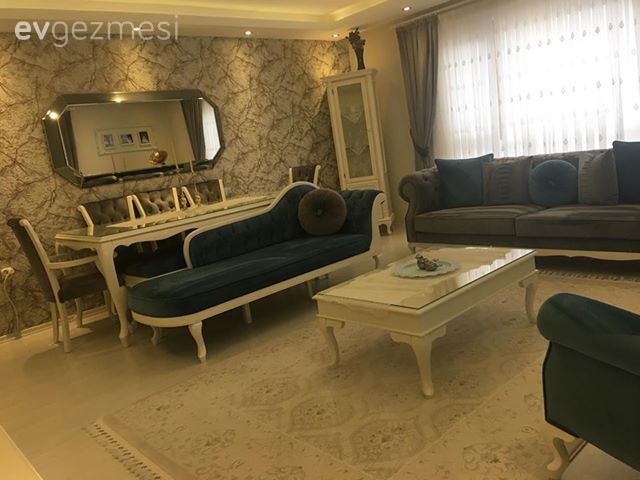 Ayna, Duvar kağıdı, Gri, Halı, Mavi, Orta sehpa, Salon, Yemek Odası