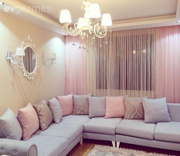 Ayna, Fon perde, Köşe koltuk, Mavi, Pembe, Perde, Salon