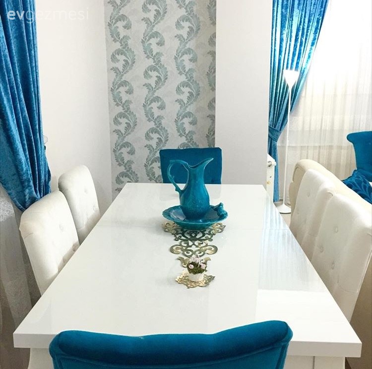 Beyaz, Mavi, Salon, Yemek Odası