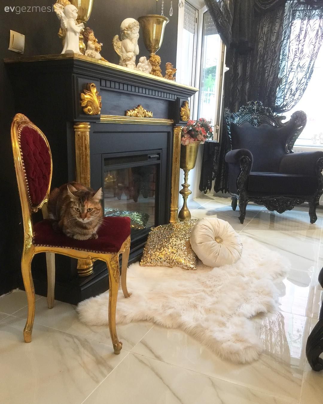 Sandalye, Bordo, Şömine, Salon, Post halı, Altın, Dekoratif Objeler, Berjer