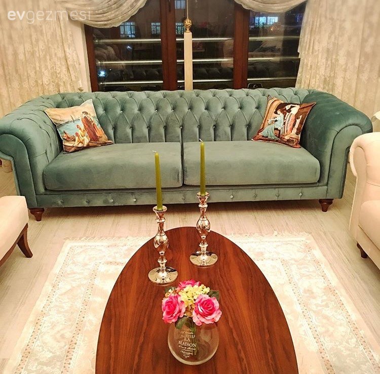 Ahşap Mobilya, Halı, Kruvaze perde, Orta sehpa, Salon, Yeşil, Perde