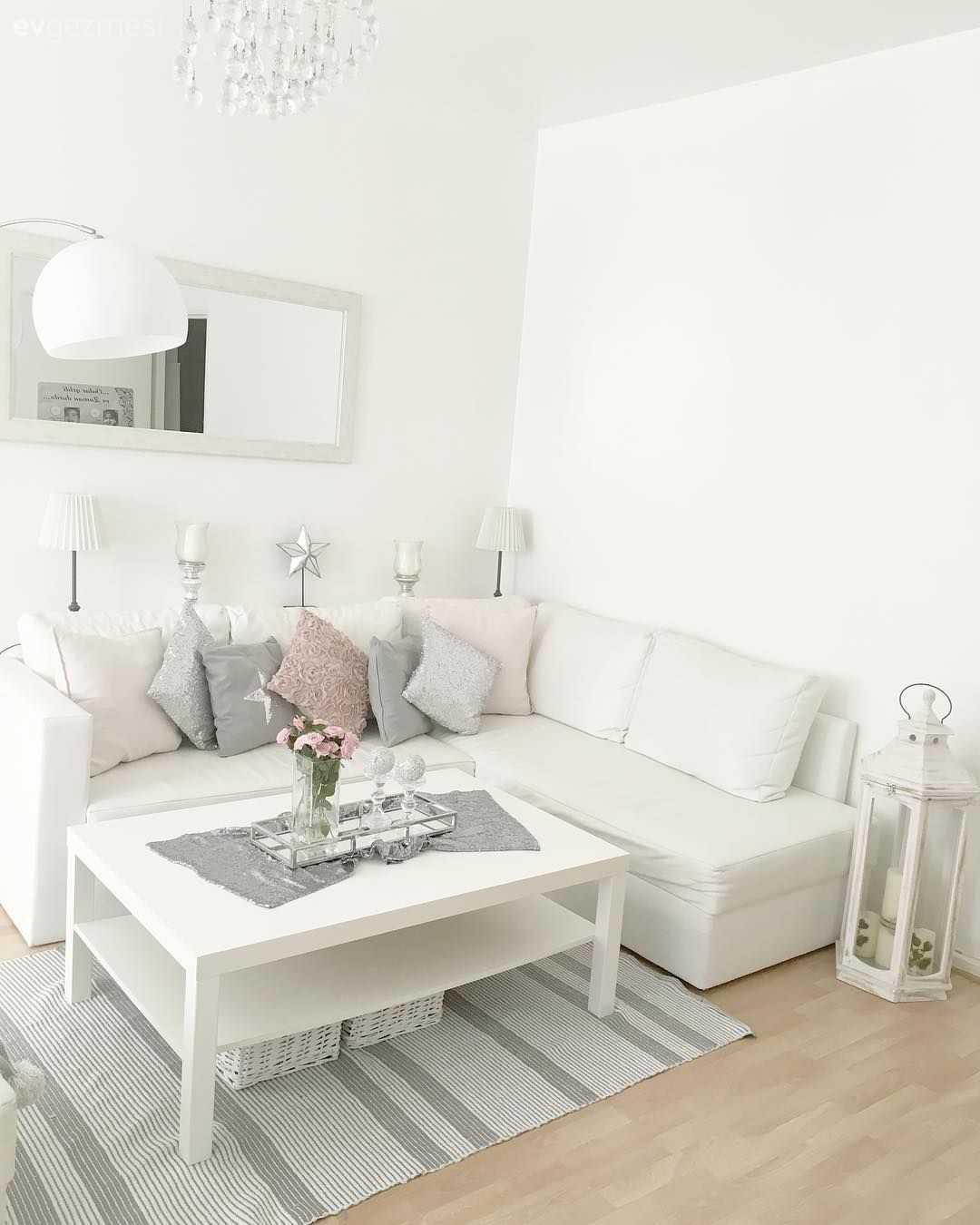 Salon, Halı, Orta sehpa, Beyaz, Ayna, Gri, Pembe, Kırlent