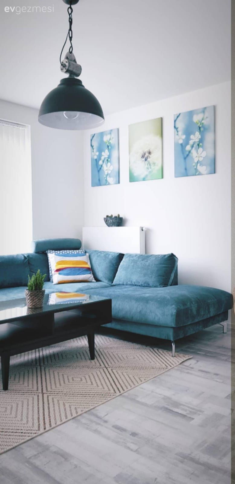 Sakin renklere eğlence katan dokunuşlar. Sade ve neşeli bir ev..