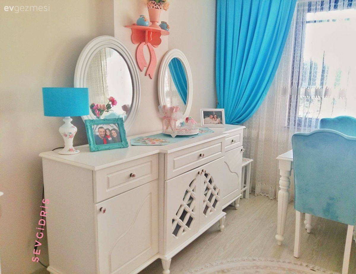 Fon perde, Konsol, Mavi, Salon, Perde