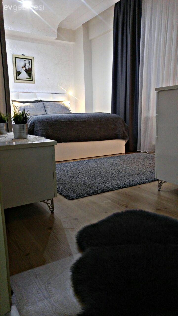 Fon perde, Gri, Halı, Yatak Odası, Perde