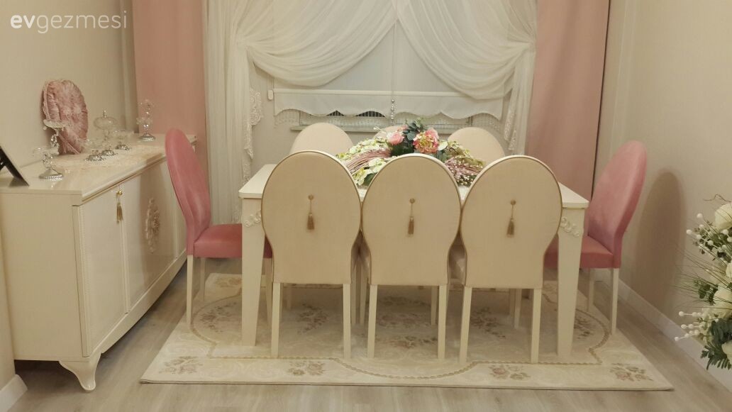 Krem, Pembe, Perde, Salon, Yemek Odası