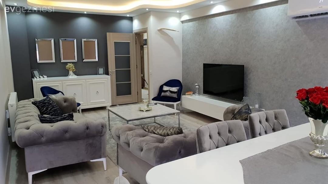 Salon, Gri, Orta sehpa, Mermer sehpa, Duvar dekorasyonu, Gri duvar, Spot aydınlatma