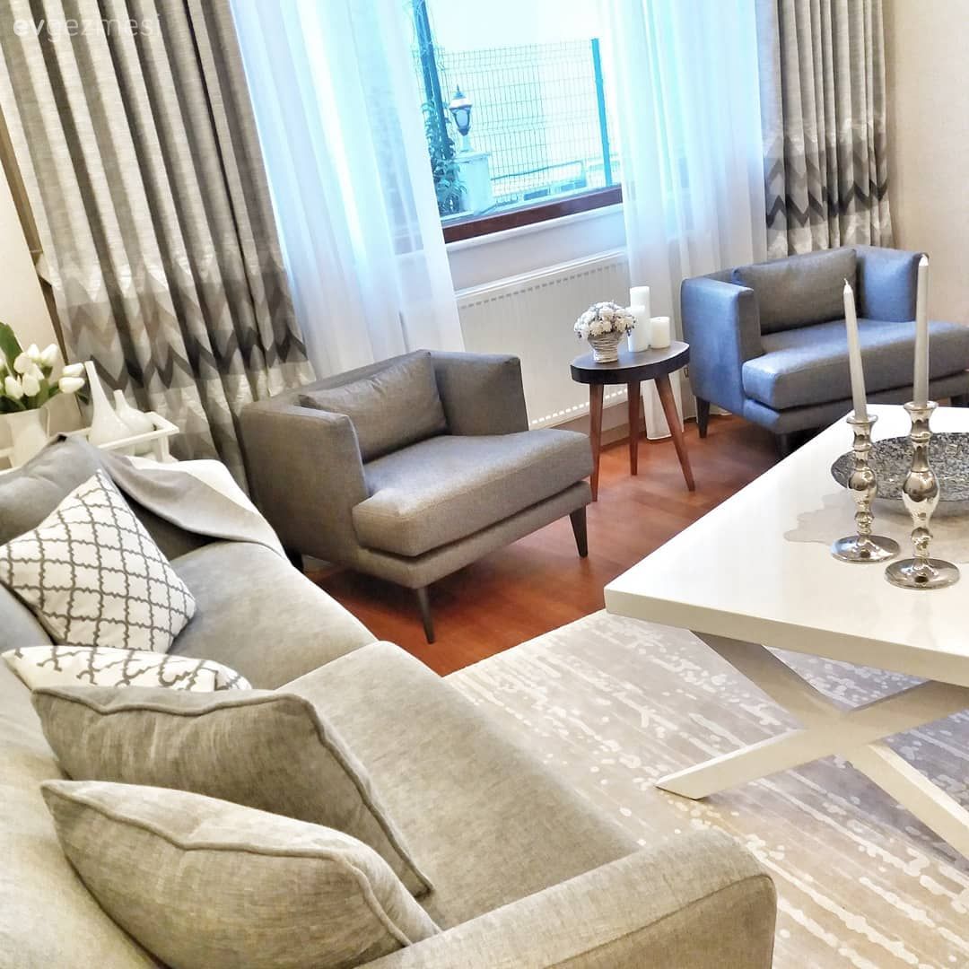 Salon, Halı, Fon perde, Perde, Orta sehpa, Berjer, Gri