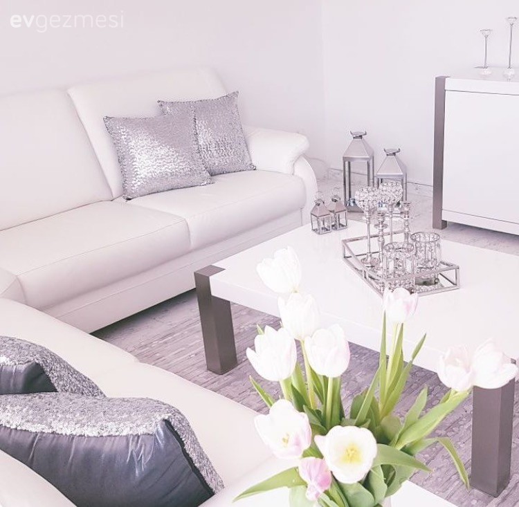 Beyaz, Gri, Gümüş, Köşe koltuk, Orta sehpa, Salon