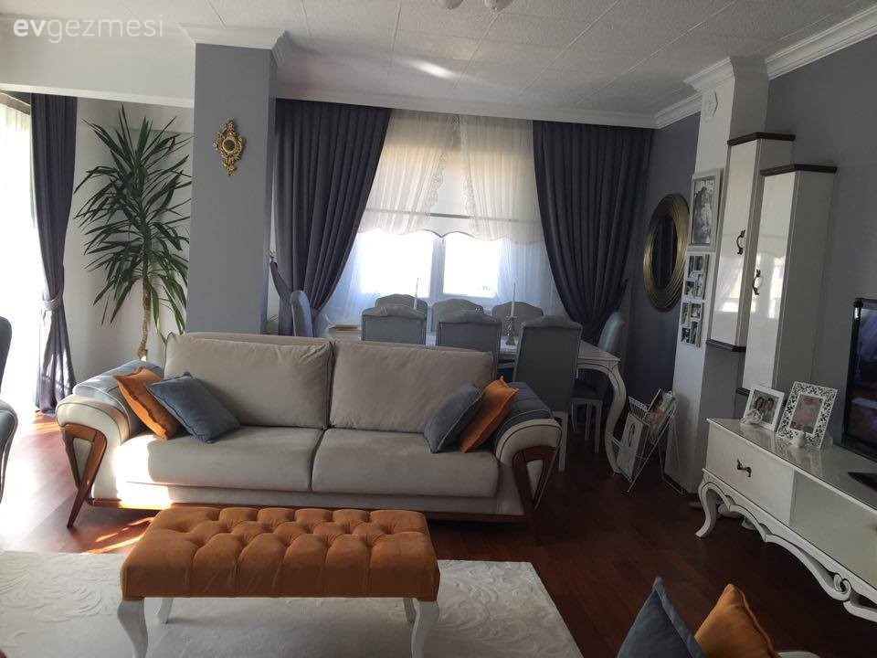 Fon perde, Gri, Krem, Puf, Salon, Sarı, Perde